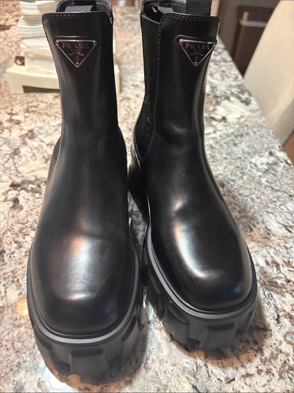 Prada Black Leather Lug Platform Ankle Boots